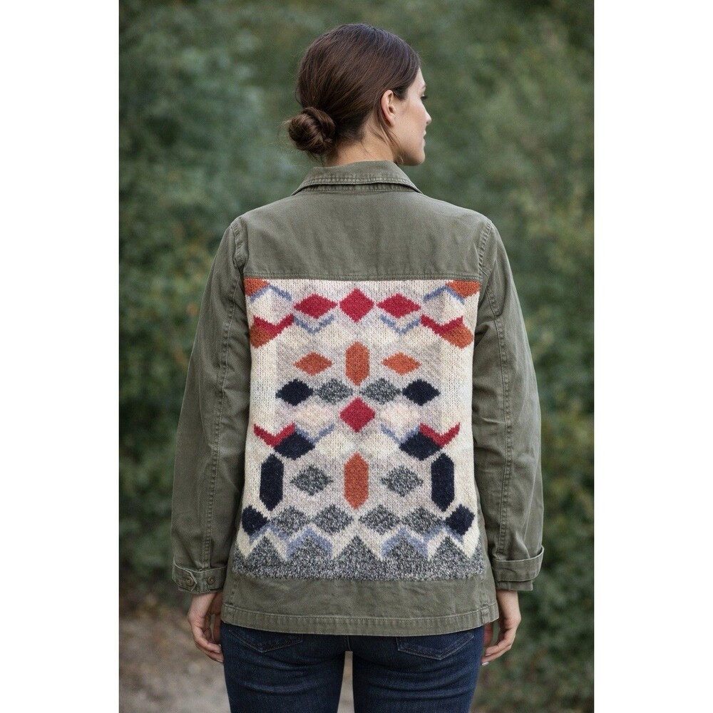 Anthropologie Jacket Womens Sz Medium Army Green Knit Sweater Back Anorak Button